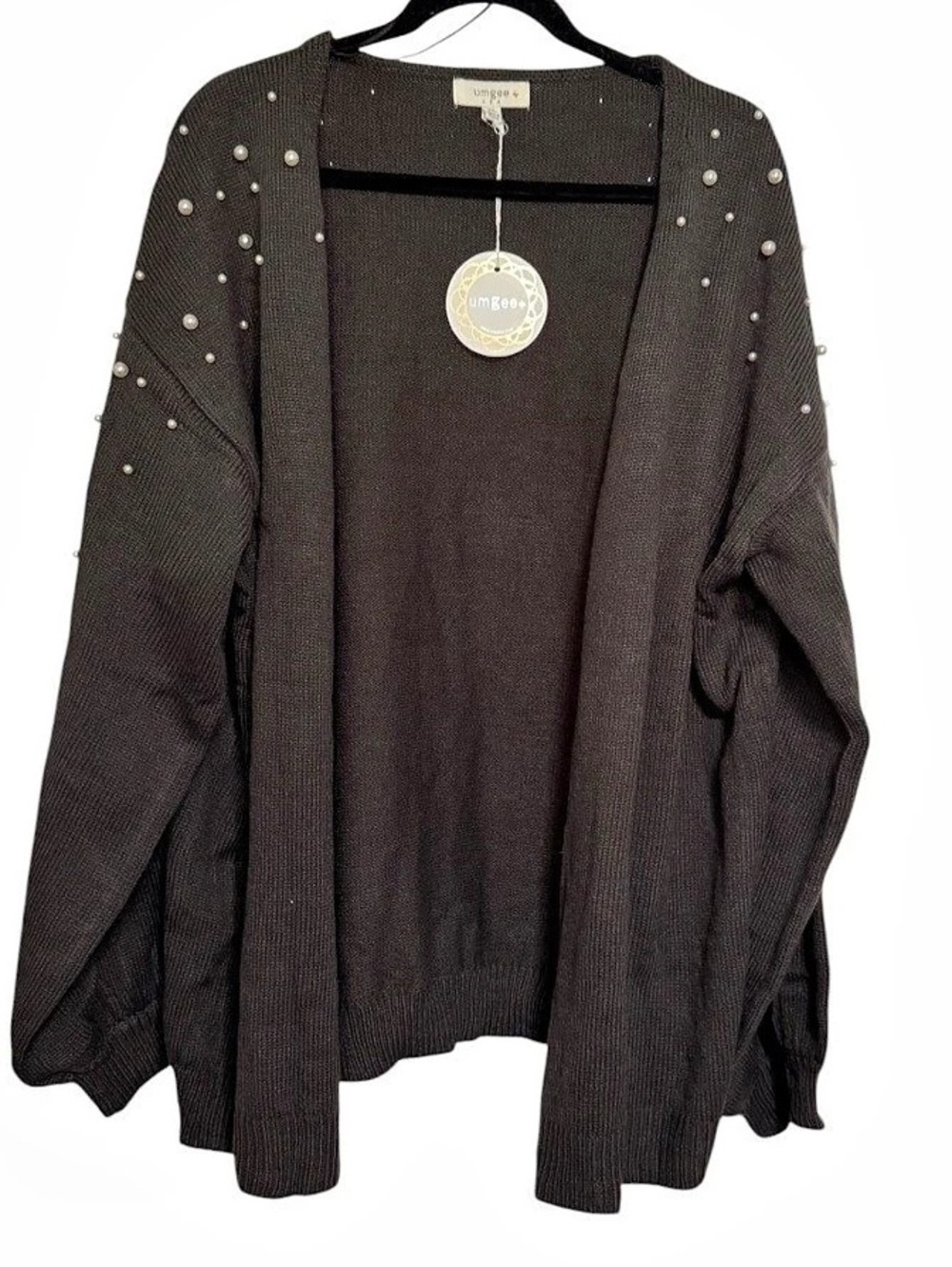 Umgee Plus Size 2XL Charcoal Grey Open Front Cardigan with Pearl Detail